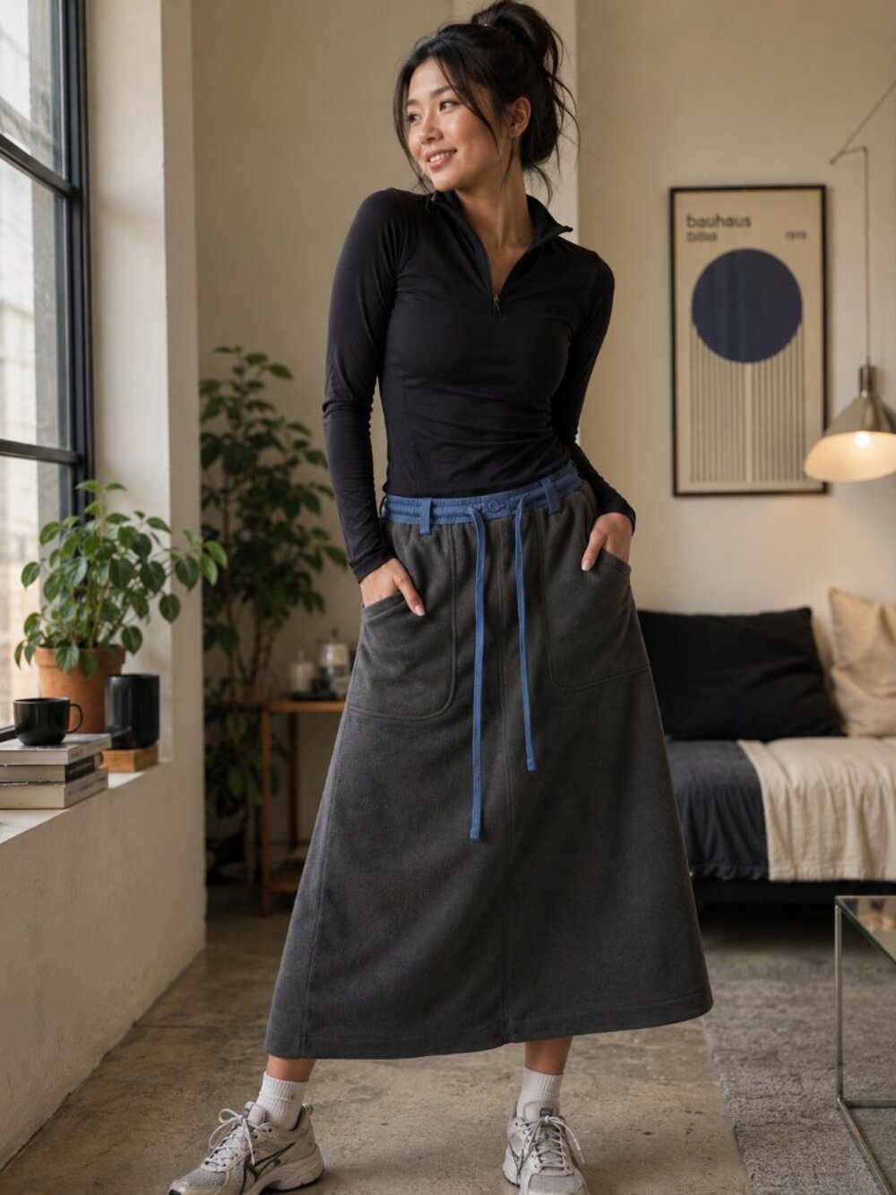 An Action A Day Fleece Lined A-Line Midi Skirt NWT Dark Gray Size Small